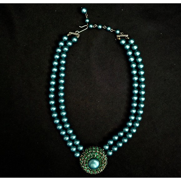 MCM Double Strand Faux Pearl Necklace w Embellished Crystal Center Teal 1960s! - Picture 1 of 9